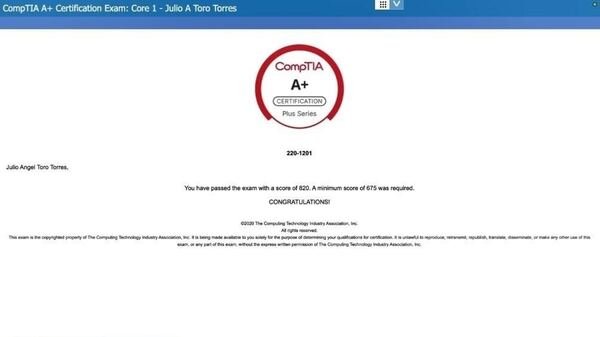 CompTIA A+ Certification exam result screenshot